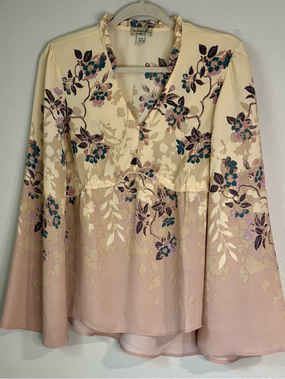 ONE WORLD Floral V-Neck Peasant Blouse - Cream and Pink